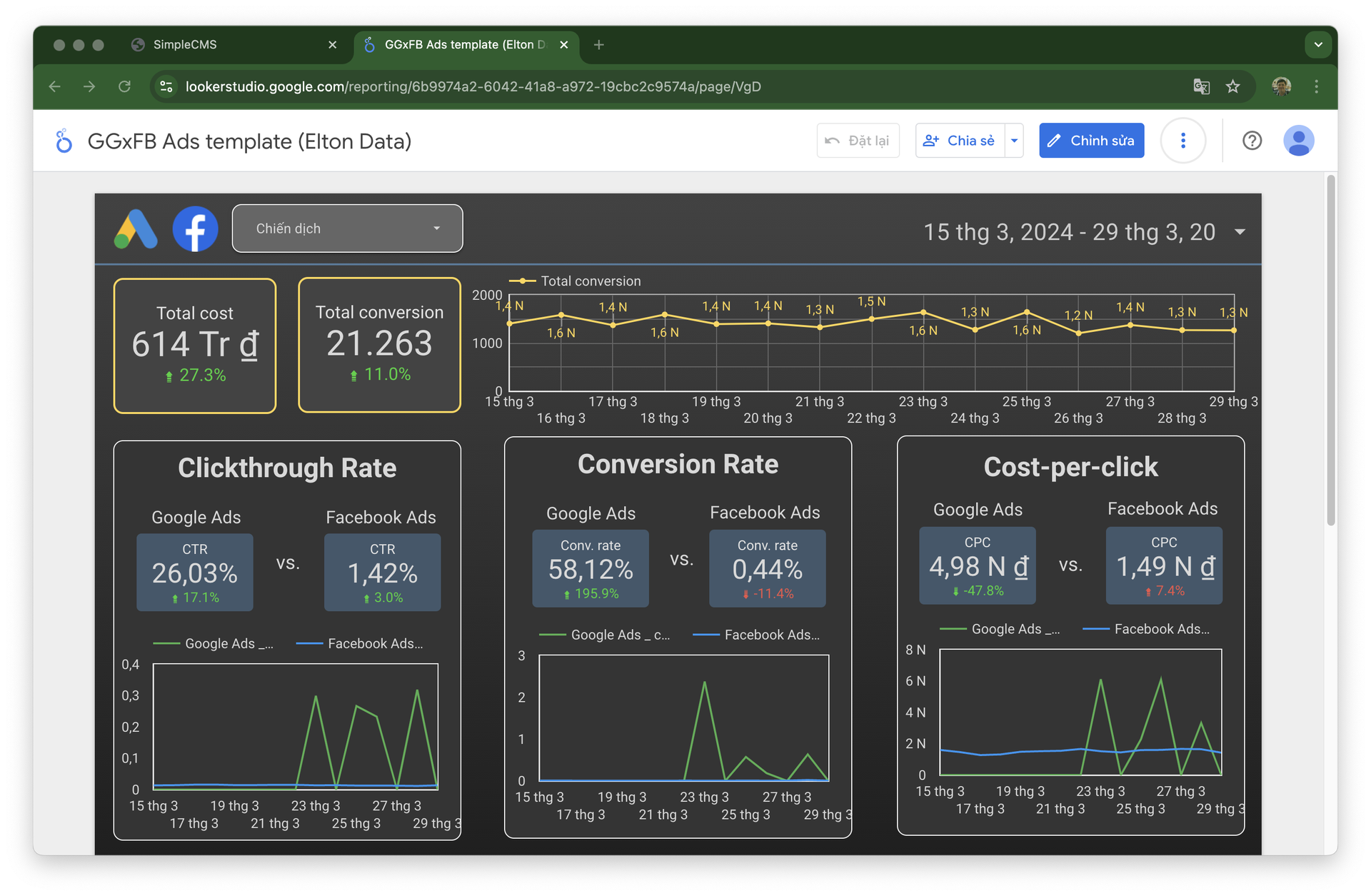 Dashboard mẫu hiển thị dữ liệu tổng hợp từ Google Ads và Facebook Ads